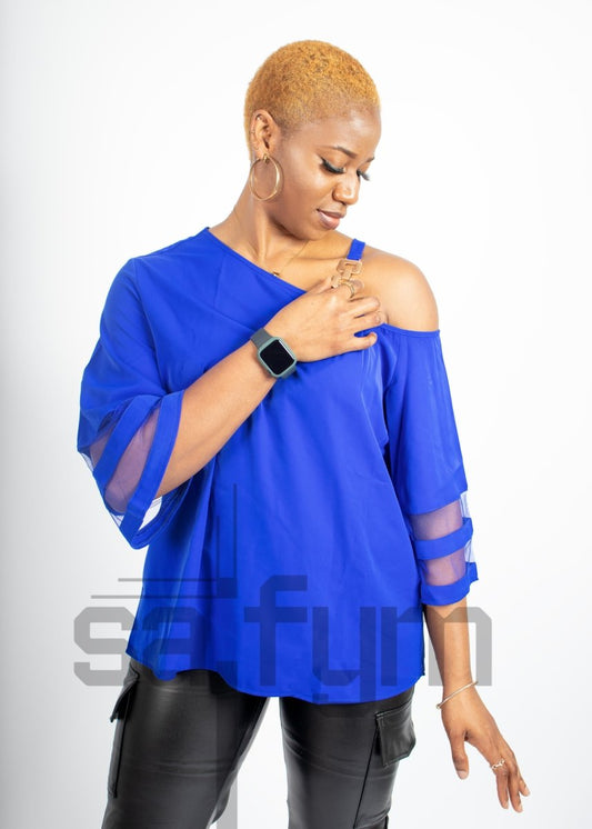 Blue One shoulder with metal band Top - Saifym